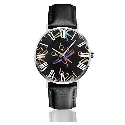 Tijeras y Peine Estilista Reloj Casual Correa de Cuero Negro Relojes de Pulsera para Hombres A Prueba de arañazos Hombre