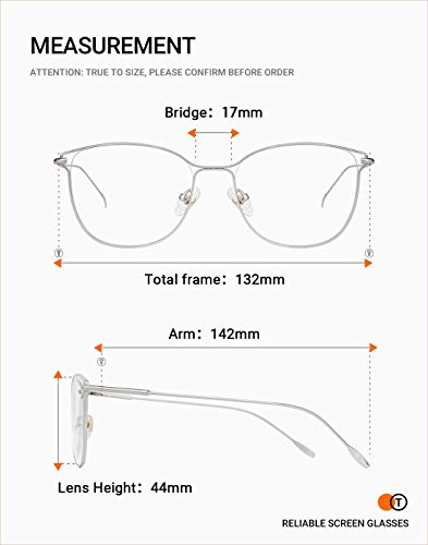 TIJN - Gafas de bloqueo de luz azul para mujeres y hombres, con marco de metal cuadrado vintage, filtro antifatiga de rayos azules dañinos - Plateado - Medium