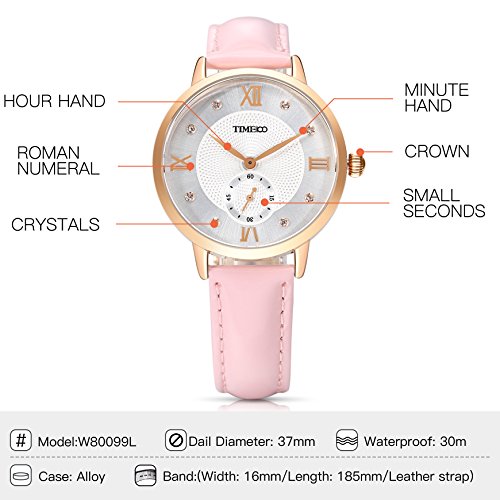 Time100 Reloj Cuarzo para Mujer de número Romano con Diamante de Color Rosa con segundero Ideas de Regalo para el día de la Madre