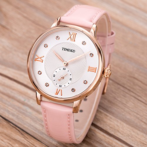Time100 Reloj Cuarzo para Mujer de número Romano con Diamante de Color Rosa con segundero Ideas de Regalo para el día de la Madre