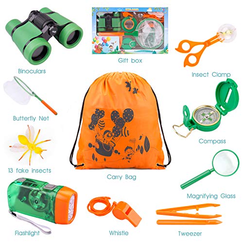 Tintec Kit Explorador Niños, 24 Piezas Juguetes de Exploración Al Aire para Niños de 3-10 Años, Juguetes Niños Educativo Regalo de Cumpleaños con Mochila Brújula Binocular Insectos Linterna