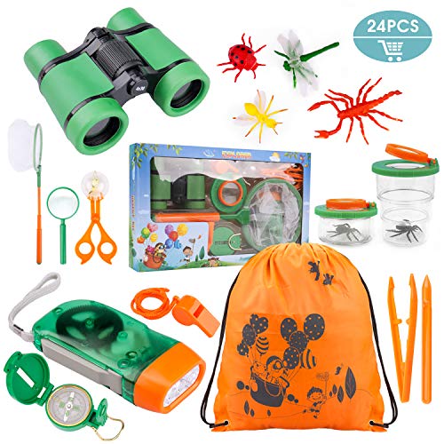 Tintec Kit Explorador Niños, 24 Piezas Juguetes de Exploración Al Aire para Niños de 3-10 Años, Juguetes Niños Educativo Regalo de Cumpleaños con Mochila Brújula Binocular Insectos Linterna