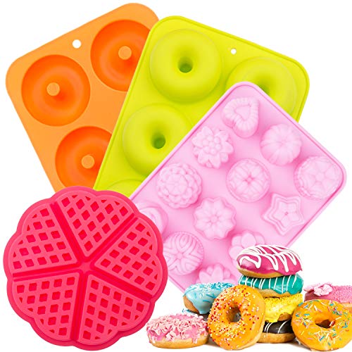 Tintec Molde Donuts de Silicona, Molde Silicona Reposteria para Hacer Bizcochos Gofres Galletas Magdalena, Juego de 4 Moldes Silicona de Horno Herramienta de Cocina Resistente al Calor