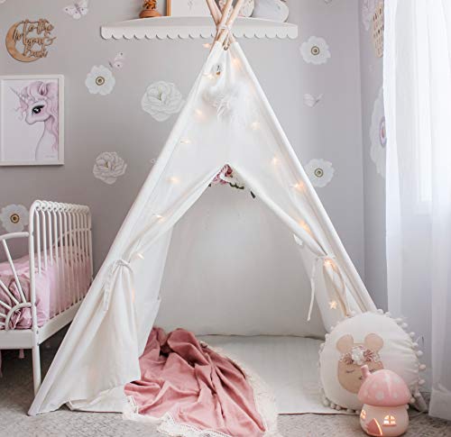Tiny Land Tipi Niño con Alfombra y Bolsa de Mano y Bolsillo Tienda Infantil Indio Completa Lona Blanco Crudo (163 cm de Altura)