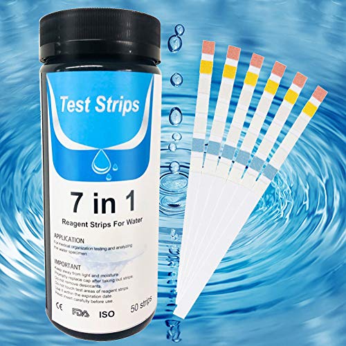 Tiras De Analisis De Agua,Test Agua Acuario,Tiras Reactivas Ppara Piscina,SPA,Agua Tiras Reactivas,7 en 1,Cloro Total, Bromo, Dureza, Cloro Libre, pH, Nitrito, Alcalinidad Total(50 Tiras)