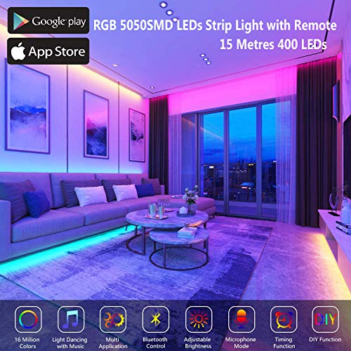 Tiras LED 15M, Tira de luz LED Bluetooth 5050 RGB 450 LEDs Cambio de Color de Sincronización de Música, Controlado por 44 teclas RF Remote & App Inteligente, para Bar Party Decoración del hogar (3X5M)