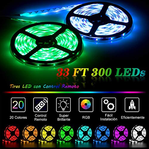Tiras LED RGB 10m, AUELEK 2x5m Tiras LED 12V 300 LEDs 5050 Tira LED con Impermeable IP65/ DIY Color Modos/Cortable/Control Remoto de 44 Botones para Techo, Jardín, Casa, Bar, Fiesta, Navidad, Bodas