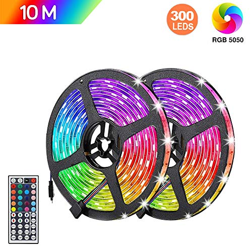 Tiras LED RGB 10m, AUELEK 2x5m Tiras LED 12V 300 LEDs 5050 Tira LED con Impermeable IP65/ DIY Color Modos/Cortable/Control Remoto de 44 Botones para Techo, Jardín, Casa, Bar, Fiesta, Navidad, Bodas
