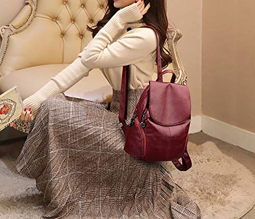 Tisdaini® Bolso mochila mujer Tendencia Suave Cuero de PU Juventud Casual Mochilas Vino rojo