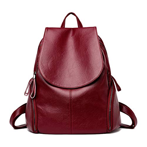 Tisdaini® Bolso mochila mujer Tendencia Suave Cuero de PU Juventud Casual Mochilas Vino rojo