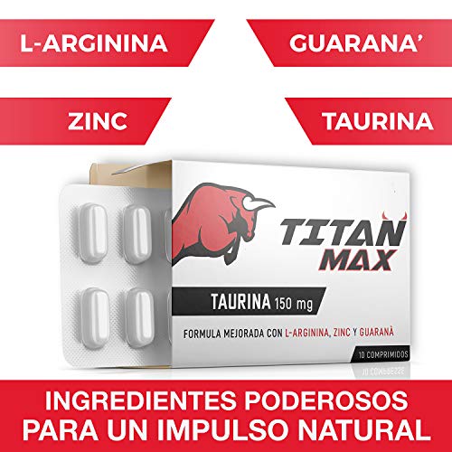 Titan Max [10 tabletas extrafuertes] | Potenciador de energía natural | Taurina 150 MG, Guaraná, L-Arginina, Zinc | Seguro y certificado