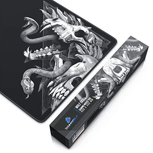 Titanwolf – Alfombrilla gaming para ratón 900 x 400 – mouse pad - precisión y velocidad - parte inferior de goma para una sujeción estable - antideslizante, resistente al agua – Wolf Skull