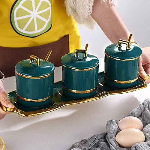 TJLSS Juego Creativo de ollas de condimentos Phnom Penh, Caja de condimentos de cerámica Verde Oscuro nórdica, salero para el hogar, tazón de azúcar, Suministros de Cocina