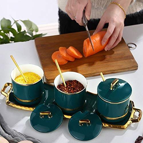 TJLSS Juego Creativo de ollas de condimentos Phnom Penh, Caja de condimentos de cerámica Verde Oscuro nórdica, salero para el hogar, tazón de azúcar, Suministros de Cocina