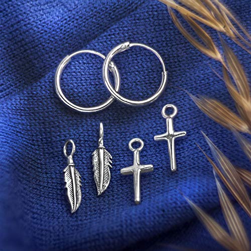 TJS Pendientes de Aro con Dijes de Cruz y Plumas, Plata de Ley 925, Sin Níquel, Hipoalergénicos, Combinaciónes de Dijes, Diámetro 14 mm