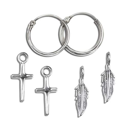 TJS Pendientes de Aro con Dijes de Cruz y Plumas, Plata de Ley 925, Sin Níquel, Hipoalergénicos, Combinaciónes de Dijes, Diámetro 14 mm