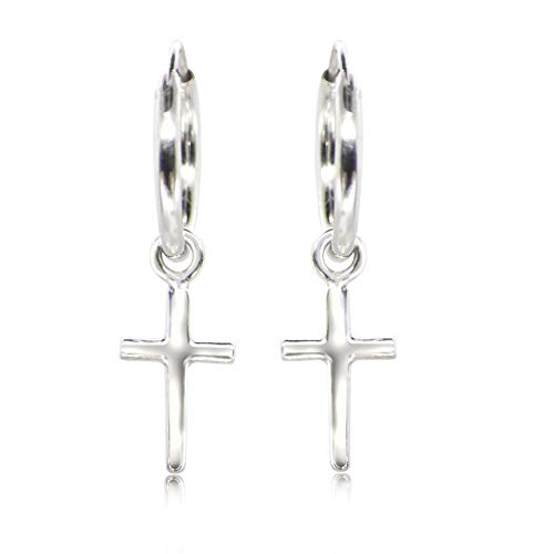 TJS Pendientes de Aro con Dijes de Cruz y Plumas, Plata de Ley 925, Sin Níquel, Hipoalergénicos, Combinaciónes de Dijes, Diámetro 14 mm