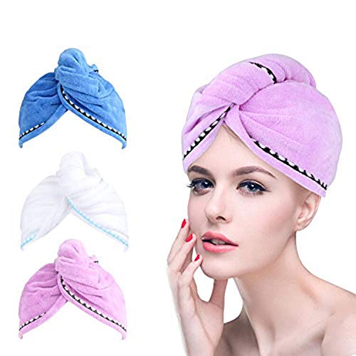 Toallas para Secar Pelo 3 pcs Pelo Secado Rápido Toallas para el Pelo Toalla Turbante Microfibra Suave Absorbentes de Agua Pelo Seco Sombreros con Botón para Ducha (Azul/Púrpura /Blanco)
