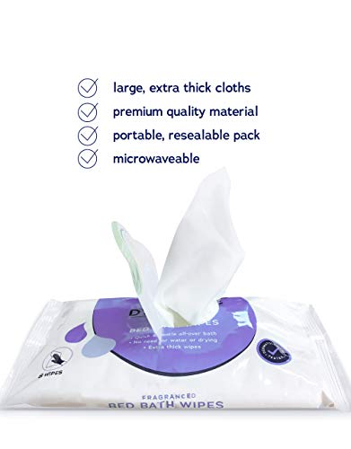 Toallitas de baño en seco perfumadas DYMACARE | Paños húmedos para adultos de primera calidad sin enjuague aptos para microondas | con aloe vera, látex, lanolina y sin alcohol (paquete de 8 toallitas)