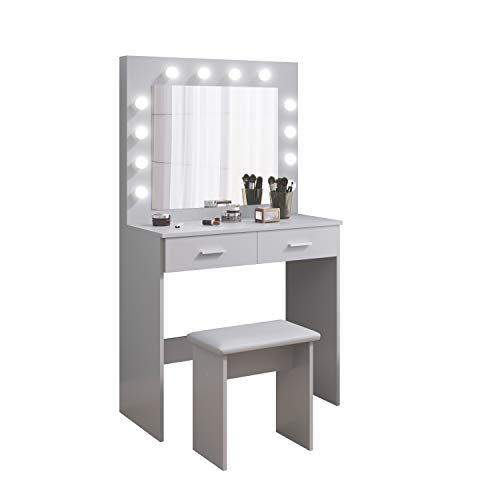 Tocador Mesa de Maquillaje con Hollywood LED Espejo, 2 Cajones Grandes y Taburete, 80x40x140cm