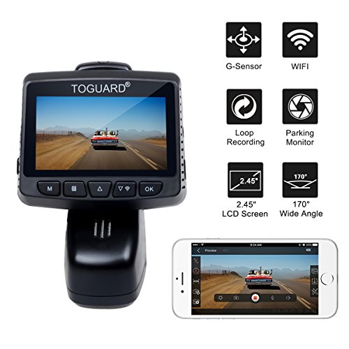 TOGUARD Cámara de Coche GPS WiFi Grande Ángulo de 170° Dash Cam Full HD 1080P, Dashcam Coche con Objetivo Ajustable Pantalla 2.45 Pulgadas IPS LCD, Grabación en bucle,Detección de Movimiento, Monitor