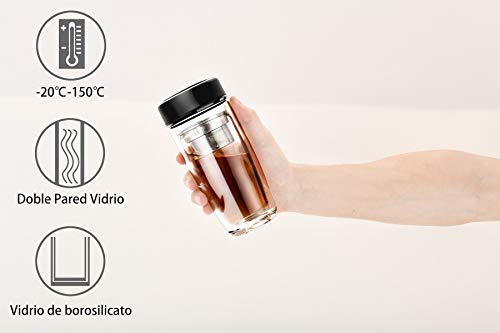 Toki - Botella Cristal para té y café 360ml, Vidrio Borosilicato Doble Pared con Filtro Colador,  Termo Cristal para llevar a la Oficina o Biblioteca.