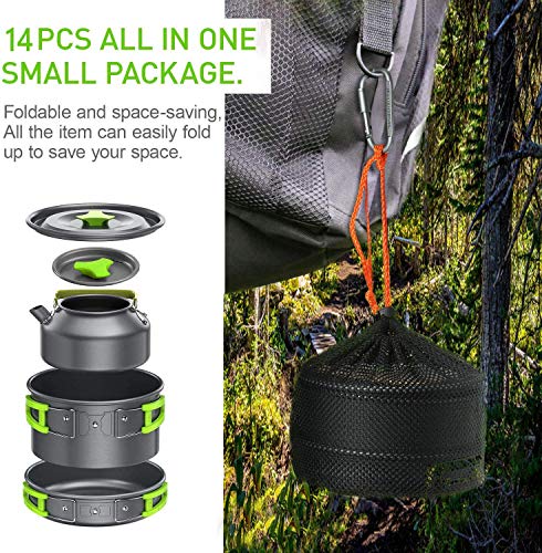 Tokmali Utensilios Cocina Camping, 14PCS Camping Kit de Portátil y Liviano Acero Inoxidable Ollas y Sartenes para Acampada,Excursión, Escalada,Senderismo
