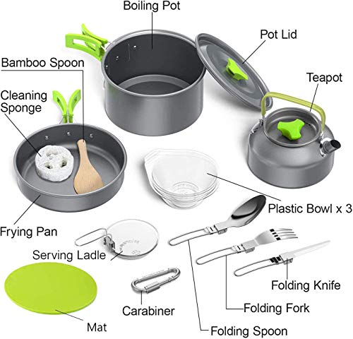 Tokmali Utensilios Cocina Camping, 14PCS Camping Kit de Portátil y Liviano Acero Inoxidable Ollas y Sartenes para Acampada,Excursión, Escalada,Senderismo