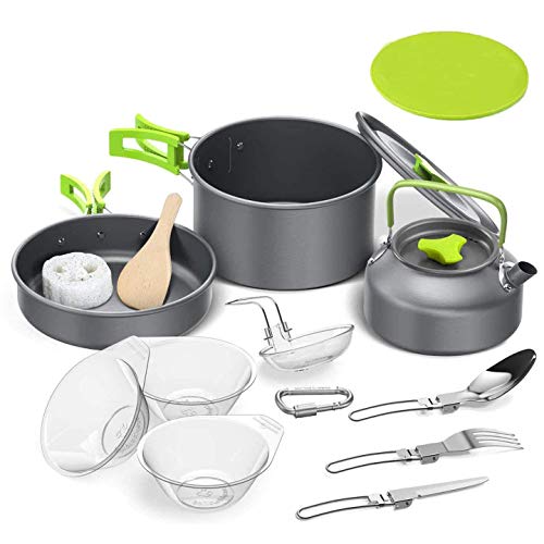 Tokmali Utensilios Cocina Camping, 14PCS Camping Kit de Portátil y Liviano Acero Inoxidable Ollas y Sartenes para Acampada,Excursión, Escalada,Senderismo