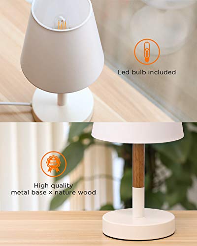 Tomons 2 x Lámpara de cabecera con pantalla en tela, Lámpara de escritorio en madera para dormitorio, sala de estar - Blanco