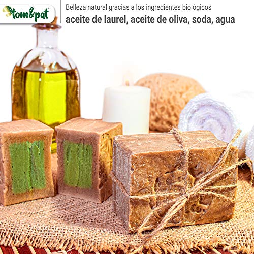 tom&pat® Jabón de Alepo Original (2x 200g) + eBook: Jabón Natural DIY, 80/20% aceite de oliva/laurel, jabón para la ducha, jabón para el cabello, jabón de manos, PH valor 8, desintoxicantes