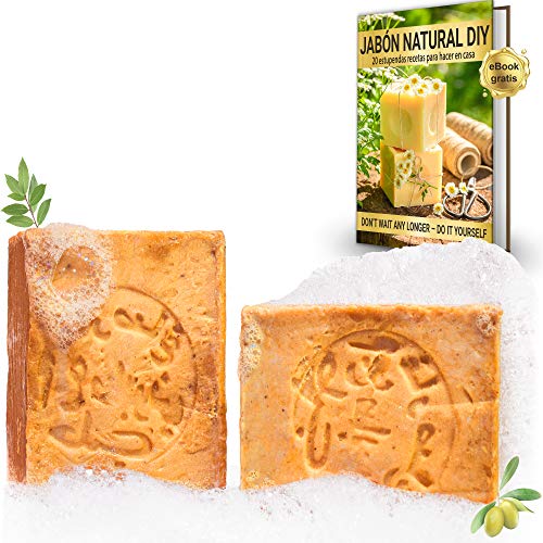 tom&pat® Jabón de Alepo Original (2x 200g) + eBook: Jabón Natural DIY, 80/20% aceite de oliva/laurel, jabón para la ducha, jabón para el cabello, jabón de manos, PH valor 8, desintoxicantes
