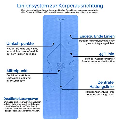 TOMSHOO Esterilla de Yoga Antideslizante,Esterilla de Gimnasia con Material Ecológico TPE y Línea Auxiliar, Bolsa,Bandolera183cm x 61cm x0. 6cm (Azul)