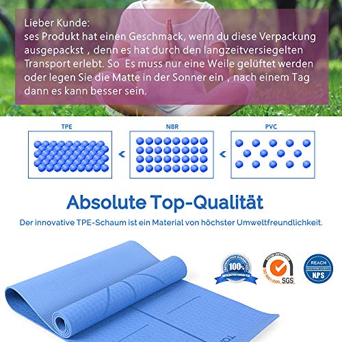 TOMSHOO Esterilla de Yoga Antideslizante,Esterilla de Gimnasia con Material Ecológico TPE y Línea Auxiliar, Bolsa,Bandolera183cm x 61cm x0. 6cm (Azul)