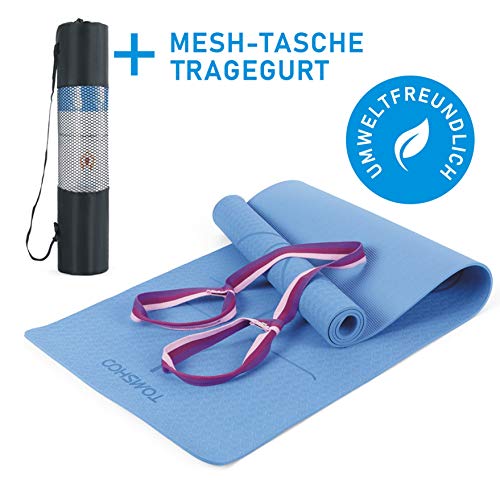 TOMSHOO Esterilla de Yoga Antideslizante,Esterilla de Gimnasia con Material Ecológico TPE y Línea Auxiliar, Bolsa,Bandolera183cm x 61cm x0. 6cm (Azul)