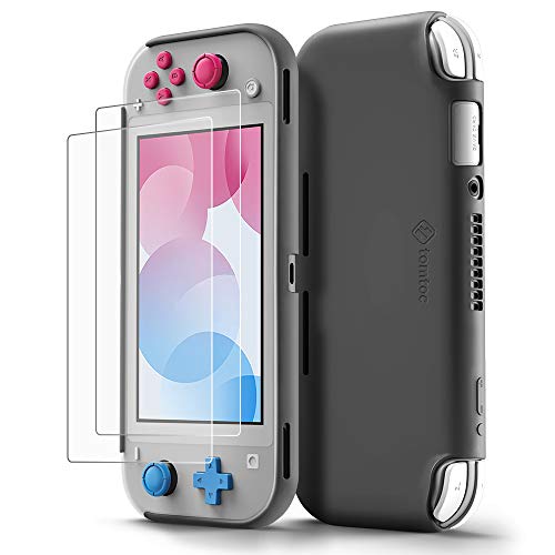 tomtoc Funda Silicona Líquida para Nintendo Switch Lite, Carcasa Silicona con【2 Pantalla Protectores】de Vidrio Templado, Case Anti-Choque/Rasguño, Cubierta para Switch Lite 2019, Gris