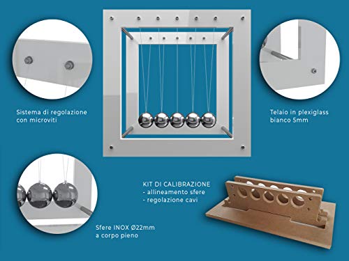 Tooby Péndulo de Newton Profesional. Ciencia y Juego del Movimiento Perpetuo. Objetos Decoracion de Escritorio y antiestrés para la Oficina. Kit de calibración Incluido. (Blanco)