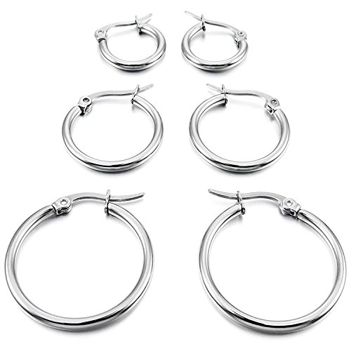 TOOGOO 3 pares 15mm 20mm 25mm Acero Inoxidable Aro Hoop Huggie Pendientes Conjunto Mujer Plata