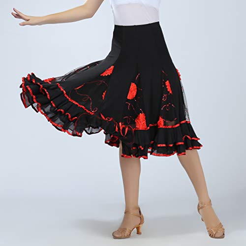 Tookang Falda de Danza para Mujer Falda de Columpio Bordada Traje de Baile Flamenco Sevillanas Tango Skirts Falda Plisada Falda de la Rodilla