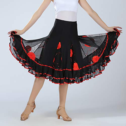 Tookang Falda de Danza para Mujer Falda de Columpio Bordada Traje de Baile Flamenco Sevillanas Tango Skirts Falda Plisada Falda de la Rodilla