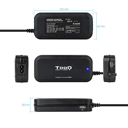 TooQ TQLC-90BS02AT - Cargador Universal automático de 90W para Ordenador portátil, Salida 2xUSB para Cargar Dispositivos, Incluye 12 Conectores Intercambiables DC, Multitensión, Negro