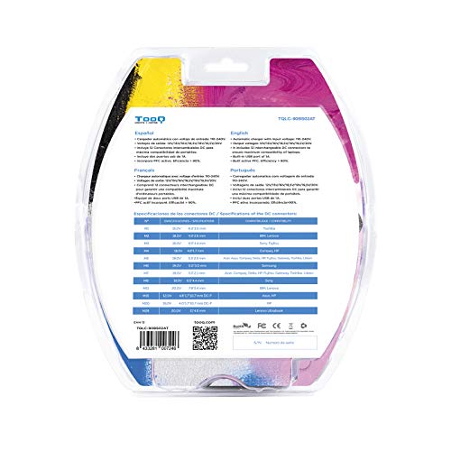 TooQ TQLC-90BS02AT - Cargador Universal automático de 90W para Ordenador portátil, Salida 2xUSB para Cargar Dispositivos, Incluye 12 Conectores Intercambiables DC, Multitensión, Negro