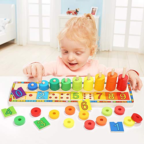 TOP BRIGHT Juego Educativo Montessori - Puzzle de Numeros, Anillos y Bloques de Madera Apilables para Niños de 3 años – Juguete de Iniciación a Las Matemáticas, Lógica y Desarrollo Cognitivo