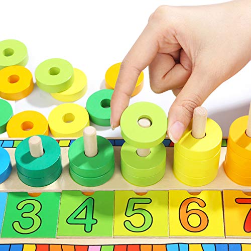 TOP BRIGHT Juego Educativo Montessori - Puzzle de Numeros, Anillos y Bloques de Madera Apilables para Niños de 3 años – Juguete de Iniciación a Las Matemáticas, Lógica y Desarrollo Cognitivo