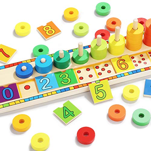 TOP BRIGHT Juego Educativo Montessori - Puzzle de Numeros, Anillos y Bloques de Madera Apilables para Niños de 3 años – Juguete de Iniciación a Las Matemáticas, Lógica y Desarrollo Cognitivo