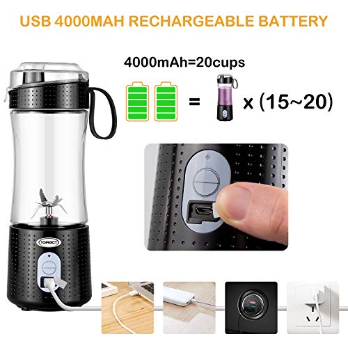 TopEsct Mini Batidora Portátil Personal para Batidos y Smoothies - con 6 Cuchillas 3D y Vaso Exprimidor de 380 ml - Potente Máquina de Mano Mezcladora de Frutas de 4000 mAh Recargable por USB