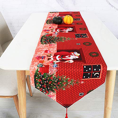 Topmail Camino de Mesa de Navidad con Borla Christmas Camino Mantel Navideño para Mesa Comedor Cocina en Poliéster Decoración para Navidad Árbol de Navidad Rojo Verde 180x40cm