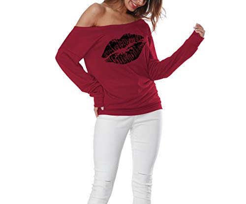 Tops Moda Mujer Elegante Hombro Tirantes Sin Manga Modernas Casual Larga Suelto Sudadera Labios Estampado Mujer Tops (Color : Wine Red, One Size : S)