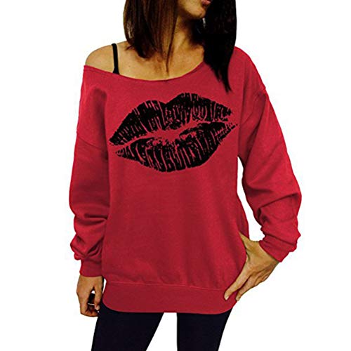 Tops Moda Mujer Elegante Hombro Tirantes Sin Manga Modernas Casual Larga Suelto Sudadera Labios Estampado Mujer Tops (Color : Wine Red, One Size : S)