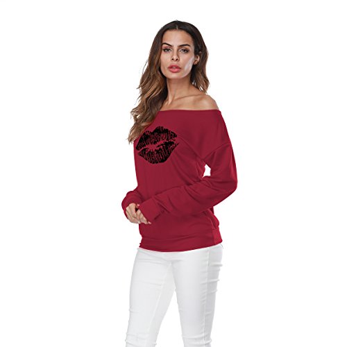 Tops Moda Mujer Elegante Hombro Tirantes Sin Manga Modernas Casual Larga Suelto Sudadera Labios Estampado Mujer Tops (Color : Wine Red, One Size : S)